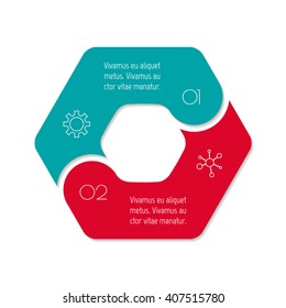 Connected hexagonal infographic diagram. Circular chart with 2 options. Paper progress steps for tutorial with two parts. Isolated business concept sequence banner. EPS10 polygonal workflow layout.