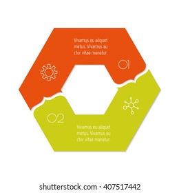 Connected hexagonal infographic diagram. Circular chart with 2 options. Paper progress steps for tutorial with two parts. Isolated business concept sequence banner. EPS10 polygonal workflow layout.