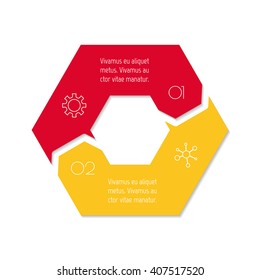 Connected hexagonal infographic diagram. Circular chart with 2 options. Paper progress steps for tutorial with two parts. Isolated business concept sequence banner. EPS10 polygonal workflow layout.