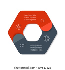 Connected hexagonal infographic diagram. Circular chart with 2 options. Paper progress steps for tutorial with two parts. Isolated business concept sequence banner. EPS10 polygonal workflow layout.