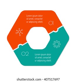 Connected hexagonal infographic diagram. Circular chart with 2 options. Paper progress steps for tutorial with two parts. Isolated business concept sequence banner. EPS10 polygonal workflow layout.