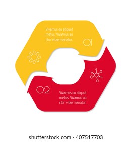 Connected hexagonal infographic diagram. Circular chart with 2 options. Paper progress steps for tutorial with two parts. Isolated business concept sequence banner. EPS10 polygonal workflow layout.