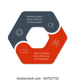 Connected hexagonal infographic diagram. Circular chart with 2 options. Paper progress steps for tutorial with two parts. Isolated business concept sequence banner. EPS10 polygonal workflow layout.