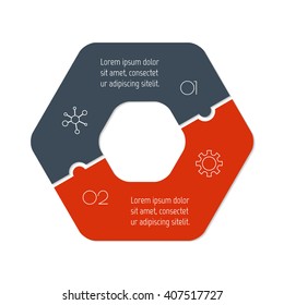 Connected hexagonal infographic diagram. Circular chart with 2 options. Paper progress steps for tutorial with two parts. Isolated business concept sequence banner. EPS10 polygonal workflow layout.