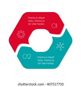 Connected hexagonal infographic diagram. Circular chart with 2 options. Paper progress steps for tutorial with two parts. Isolated business concept sequence banner. EPS10 polygonal workflow layout.