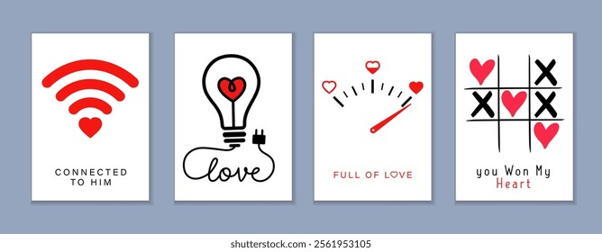 Connected to Him, Happy Valentine's Day creative posters set. Be my Valentine templates - Love shine, Full of love, Tic Tac Toe. Vector background in modern trendy style