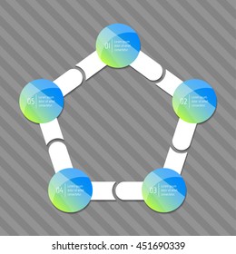Connected isolated pentagonal infographic diagram template with 5 glossy parts. EPS10 concept of arrow sequence banner. Paper progress steps for tutorial with five options.