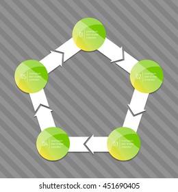 Connected isolated pentagonal infographic diagram template with 5 glossy parts. EPS10 concept of arrow sequence banner. Paper progress steps for tutorial with five options.