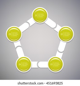 Connected isolated pentagonal infographic diagram template with 5 glossy parts. EPS10 concept of arrow sequence banner. Paper progress steps for tutorial with five options.