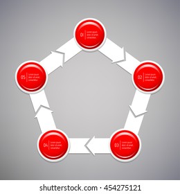 Connected isolated pentagonal infographic diagram template with 5 glossy parts. EPS10 concept of arrow sequence banner. Paper progress steps for tutorial with five options.