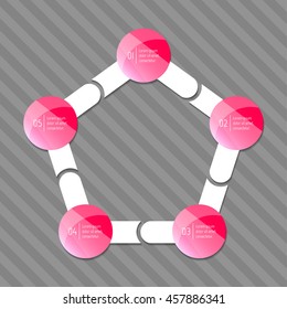 Connected isolated pentagonal infographic diagram template with 5 glossy parts. EPS10 concept of arrow sequence banner. Paper progress steps for tutorial with five options.