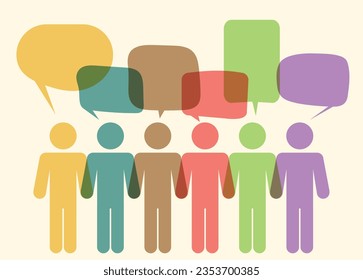 Connected jigsaw puzzle speech bubbles above talking business people - stock illustration