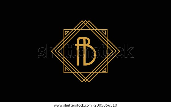 Connected joint Letters A and B Art deco\
minimalstic logo in gold color isolated in black background with\
square frame  symbol