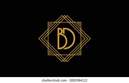 Connected joint Letters B and D Art deco minimalstic logo in gold color isolated in black background with square frame  symbol