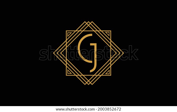 Connected joint Letters C and J Art deco\
minimalstic logo in gold color isolated in black background with\
square frame symbol