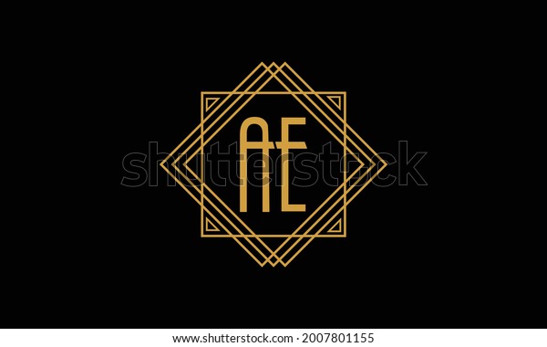 Connected joint Letters A and E Art deco\
minimalstic logo in gold color isolated in black background with\
square frame symbol