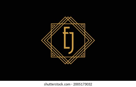 Connected joint Letters E and J Art deco minimalstic logo in gold color isolated in black background with square frame symbol