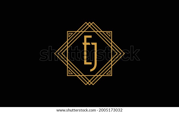 Connected joint Letters E and J Art deco\
minimalstic logo in gold color isolated in black background with\
square frame symbol