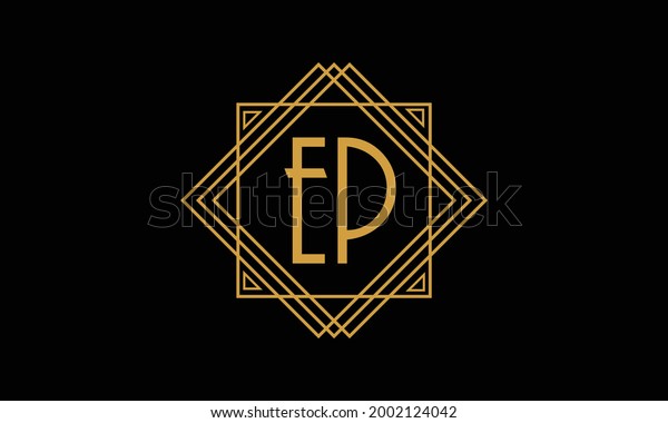 Connected joint Letters E and P  Art deco\
minimalstic logo in gold color isolated in black background with\
square frame  symbol