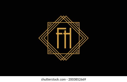 Connected joint Letters F and H Art deco minimalstic logo in gold color isolated in black background with square frame symbol