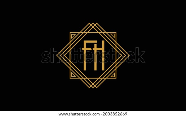 Connected joint Letters F and H Art deco\
minimalstic logo in gold color isolated in black background with\
square frame symbol
