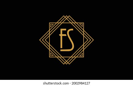 Connected joint Letters F and S Art deco minimalstic logo in gold color isolated in black background with square frame symbol