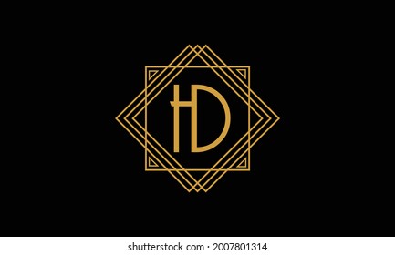 Connected joint Letters H and D Art deco minimalstic logo in gold color isolated in black background with square frame  symbol