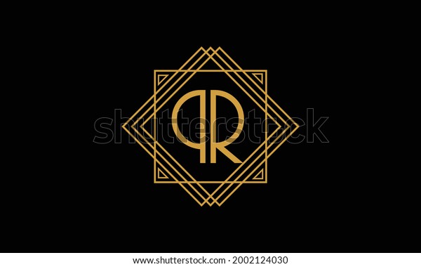 Connected joint Letters P and R   Art deco\
minimalstic logo in gold color isolated in black background with\
square frame  symbol