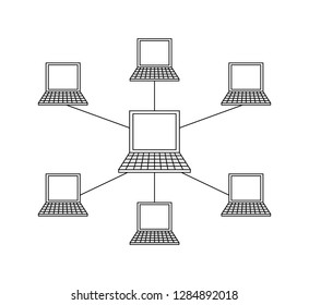 Connected laptops, wifi Internet wireless link vector. Portable computers linked to main device monochrome isolated outline icon, corporative network
