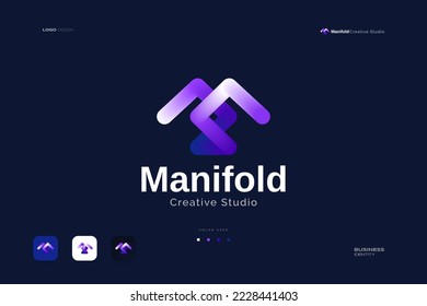 Diseño del logotipo de la letra M conectada en color blanco y morado. Letra negrita M con un concepto de línea
