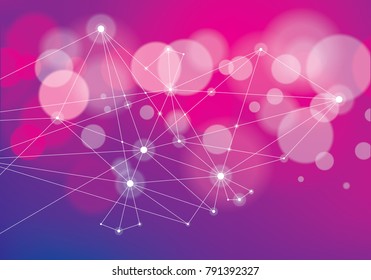 Connected lines with dots geometric science and technology abstract background. With blurred defocused round lights texture. Vector abstract virtual particles structure.