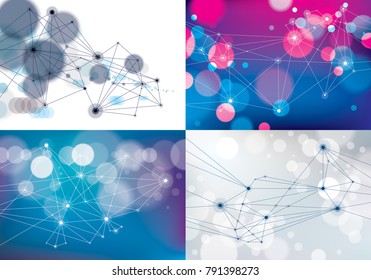 Connected lines with dots geometric science and technology abstract backgrounds set. With blurred defocused round lights textures. Vector abstract virtual particles structures.