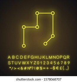 Connected lines neon light icon. Net of strokes. Broken lines. Geometric figure. Abstract shape. Isometric form. Glowing sign with alphabet, numbers and symbols. Vector isolated illustration