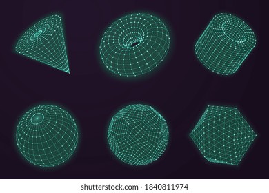 Esferas de líneas conectadas. Conexiones de globo, formas científicas abstractas de cuadrícula. Puntos de trama 3d futurista estructuras de polígono conjunto de vectores
