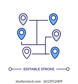 Connected map pins line color icon. Important location plan. Route and navigation technology. Travelling support. Isolated vector illustration. Flat colorful symbol design. Editable stroke