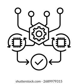 Icono de Mentes Conectadas, comunicación de agentes de IA, sistemas de IA en red, IA colaborativa, inteligencia distribuida y comunicación multiagente. Ilustración vectorial.