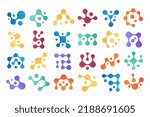 Connected molecules. Chemical icon, metaball shape and biology science data vector symbols set. Biological structures logo templates. Colorful fluid shape chains, futuristic isolated particles