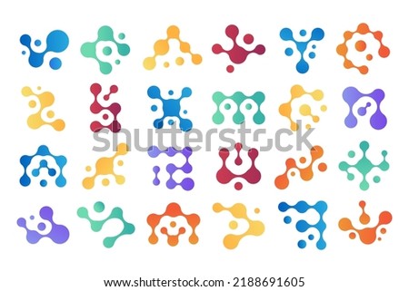 Connected molecules. Chemical icon, metaball shape and biology science data vector symbols set. Biological structures logo templates. Colorful fluid shape chains, futuristic isolated particles
