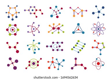 Connected molecules. Color molecular structure, connection model dna interaction, biochemistry particle connect shapes diagram, flat vector set
