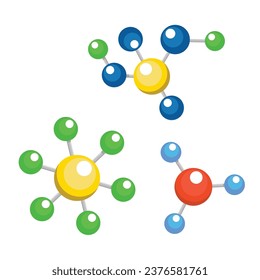 Connected molecules. Molecular connection model, chemical particles and color molecular structure.  dna connecting diagram, interaction molecules. Isolated symbols flat vector 