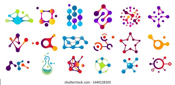 Connected molecules. Molecule connection model, chemistry particle and color molecular structure. Biology connecting logos, dna connect diagram, molecules interaction. Isolated symbols flat vector set - Shutterstock ID 1440128105