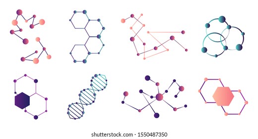 Moléculas conectadas. Modelo de conexión molécula, partícula química y estructura molecular de color.Molécula de la fórmula. Conjunto de iconos científicos. Modelo Atom y ciencia de la cadena de ADN