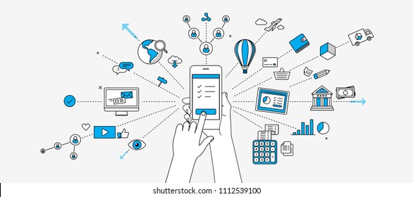 Connected on mobile device infographics. Internet of things concept. Modern illustration in linear style.