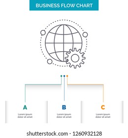 connected, online, world, globe, multiplayer Business Flow Chart Design with 3 Steps. Line Icon For Presentation Background Template Place for text