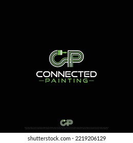 connected painting logo cp letter logo with paint brush concept