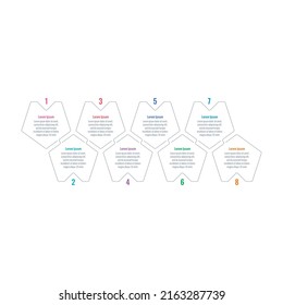 connected pentagons informational template. eight steps infographic template. web, business, magazine, internet, annual report infographic template