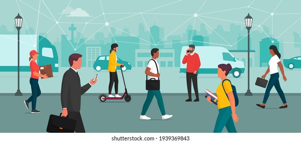 Connected people and devices in the smart city, innovation technology and communications concept