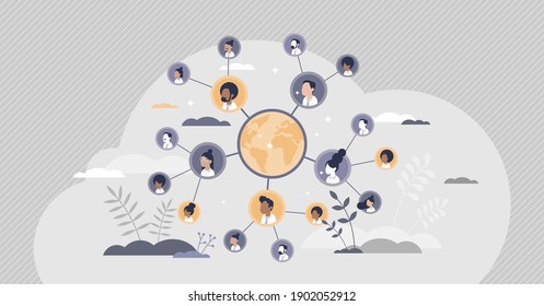 Connected people as social community networking worldwide tiny person concept. Linking business contacts online in social media vector illustration. Cooperation and teamwork using internet connection.
