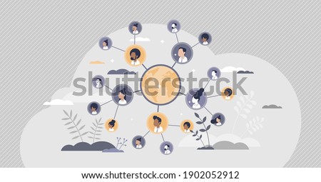 Connected people as social community networking worldwide tiny person concept. Linking business contacts online in social media vector illustration. Cooperation and teamwork using internet connection.