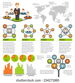 Connected people social network infographics set with charts and world map vector illustration